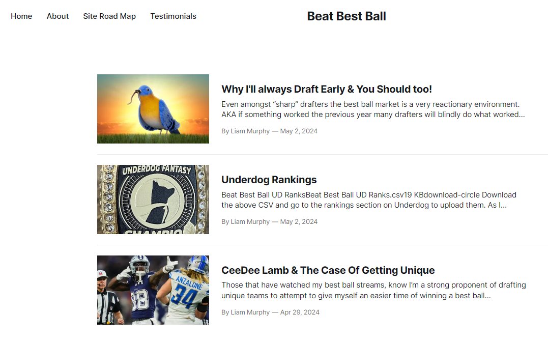 ChessLiam's tweet image. I'm thrilled to announce the launch of my Best Ball site: beatbestball.com.
As a three time NFL best ball champion I'm looking forward to sharing my insights and rankings with my members!
My first article is 100% free on the site now: beatbestball.com/ceedee-lamb-th…