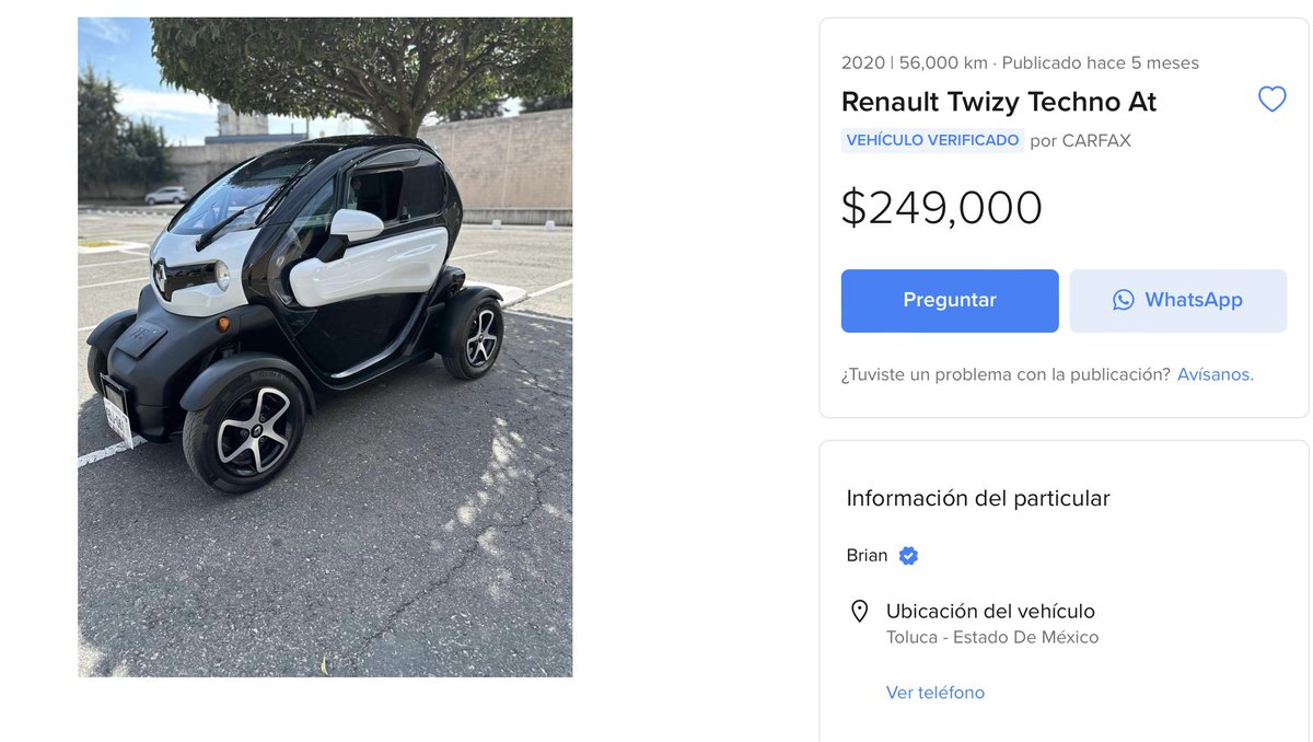👉 Dime la verdad ¿Te comprarías este #Renault #Twizy con 56 mil kms en casi $250,000 pesos? 🤔