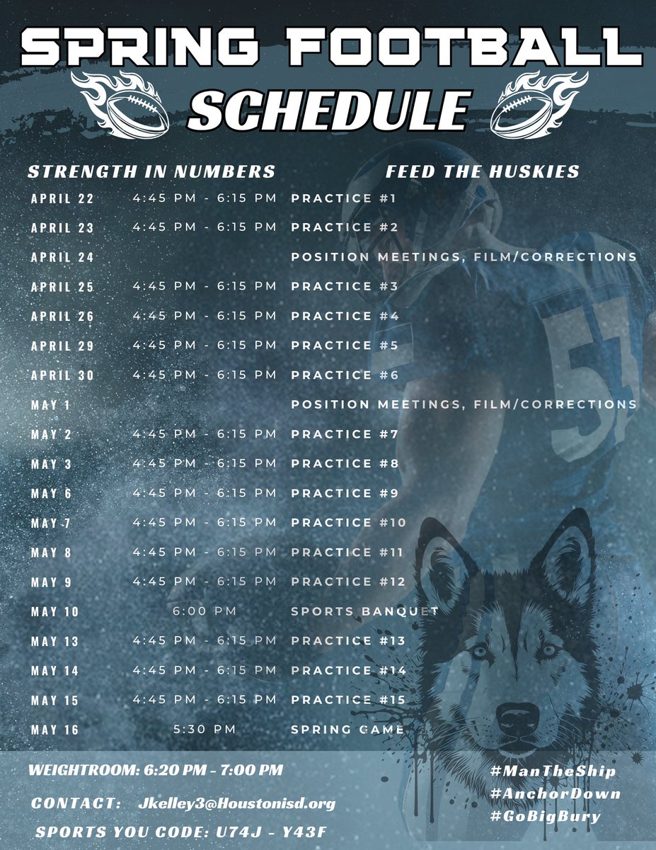 College Coaches, you have 2 more weeks to come check out the @WestburyFB Huskies live at spring football practice‼️ #RecruitBigBury📷