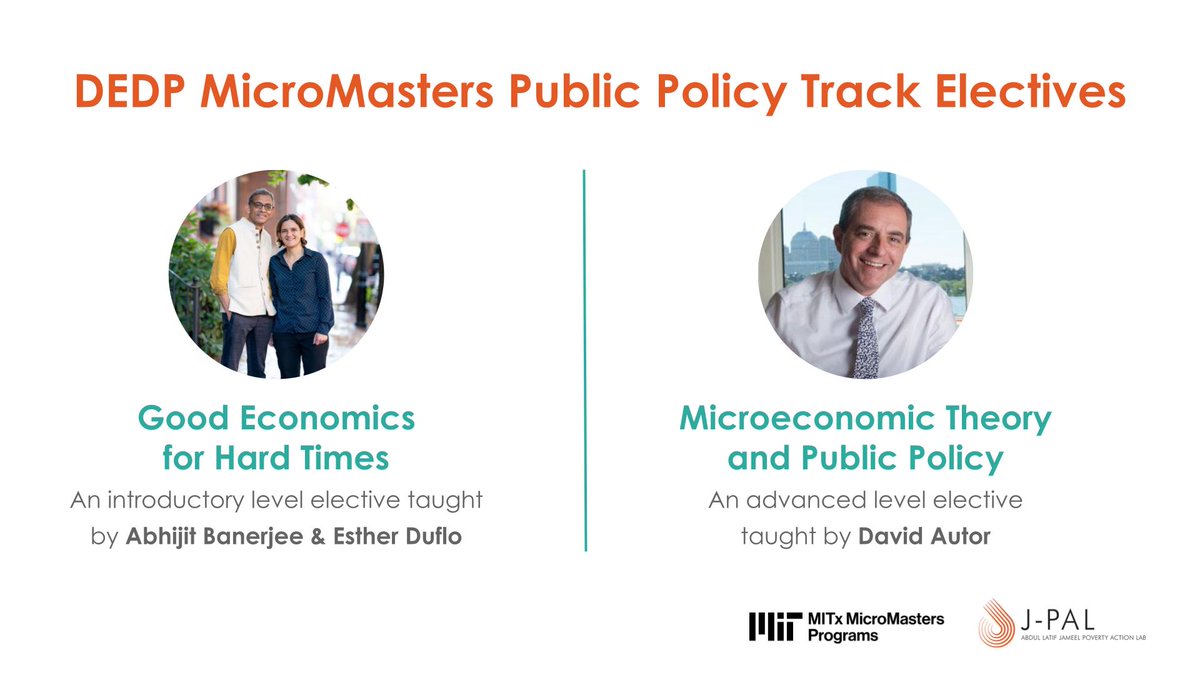 🎓 Interested in learning more about economic development and public policy? The #DEDP MicroMasters Program offers courses in two distinct tracks. Learn more about the International Development Track and the 🆕 Public Policy Track today: j-p.al/r12