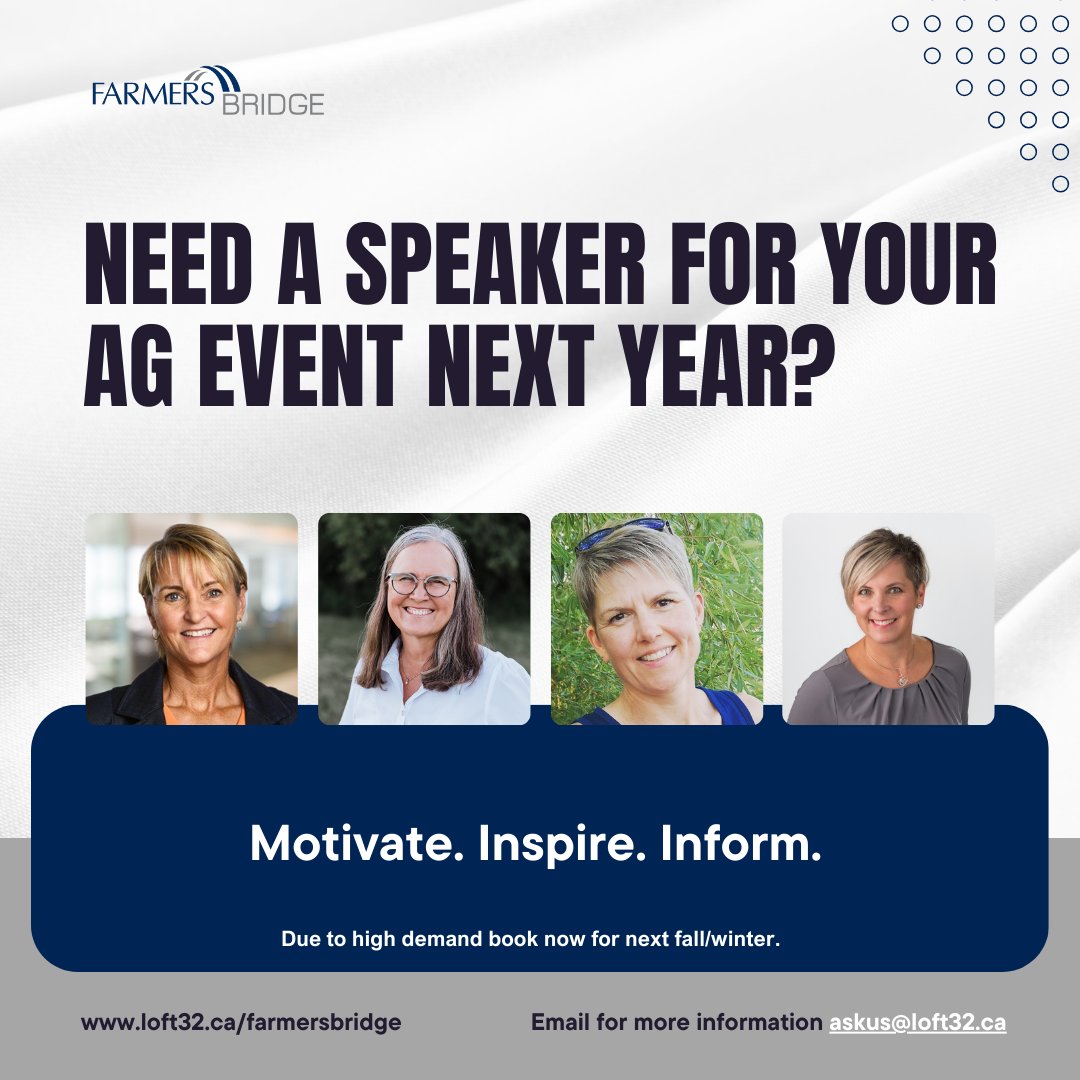 Need a speaker for your ag event next year? Book one of our engaging experts to speak on farm business and succession.  Email askus@loft32.ca​ or you can also visit loft32.ca/farmersbridge

Motivate. Inspire. Inform. ​

#CdnAg #AgTwitter #OntAg   #farmsuccession #farmers