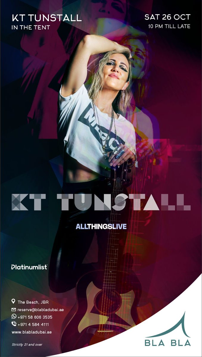 Dubai, I’m coming back! I’ll be performing at The Tent at Bla Bla on October 26th! You can get tickets here at dubai.platinumlist.net/tr/event-ticke… Come and join me for night of stompin’ and singin’! Can’t wait 🤘🏼xx #Dubai #blabladubai #kttunstall