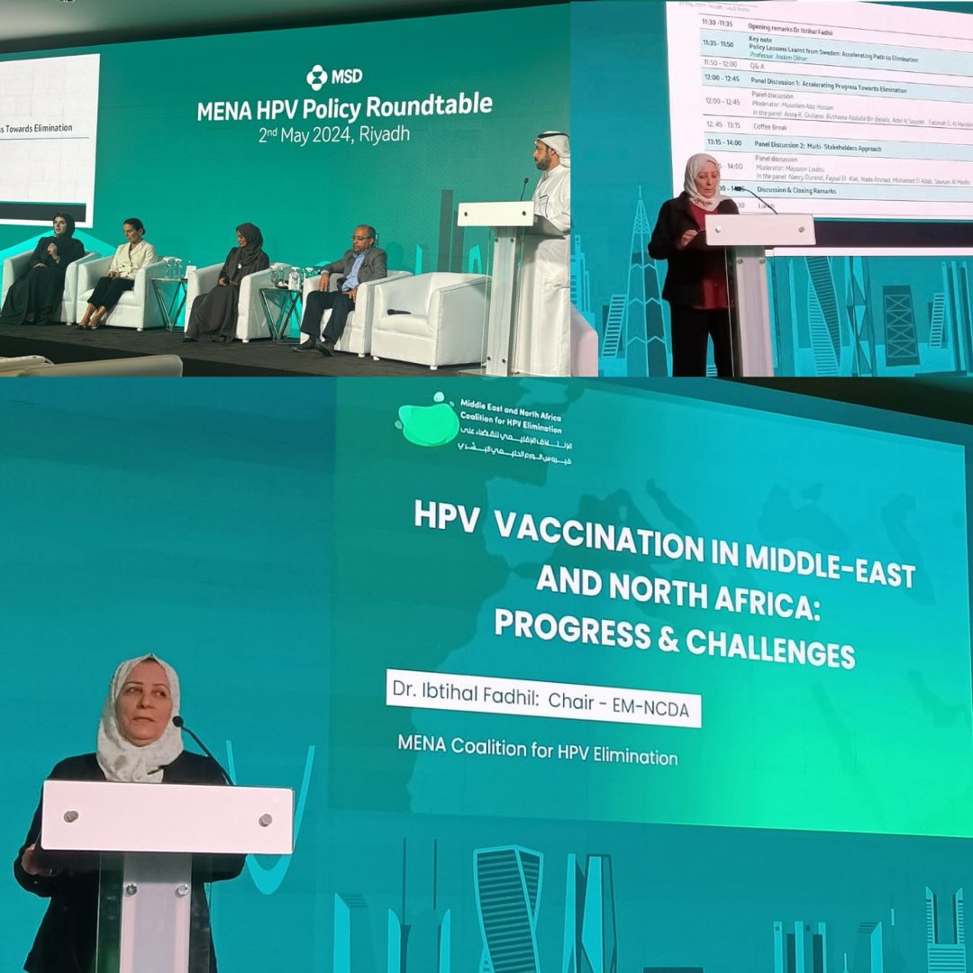 At the MENA #HPV Scientific Forum in Saudi Arabia 🇸🇦 Dr. @fadhil_ibtihal our Coalition Lead & @emrncda Chair, presented the progress & challenges around the #HPVvaccine in the region, stressing the importance of collaboration to eliminate #CervicalCancer & #HPVinMENA
