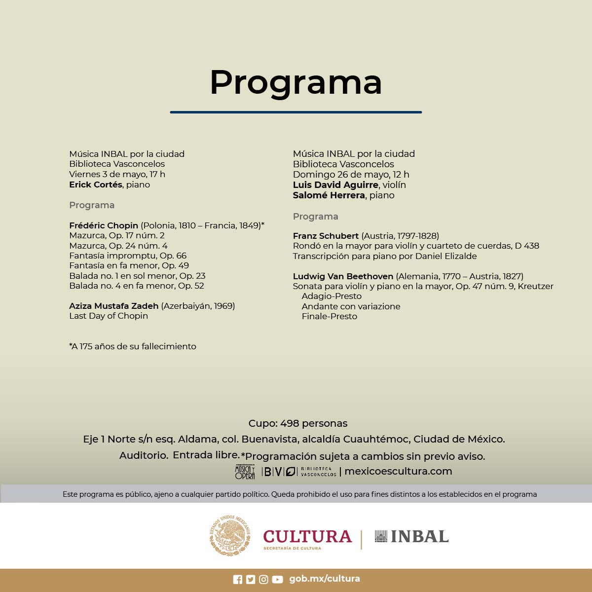 Te invitamos a estos dos bellísimos conciertos para deleitarnos con música clásica. 🎵 Concierto de Erik Cortés 🗓️ 3 de mayo, 17 h Concierto de Luis David Aguirre y Salomé Herrera 🗓️ 26 de mayo, 12 h 📍 Auditorio 👥 Público en general #labibliotecasuena #BibliotecaVasconcelos