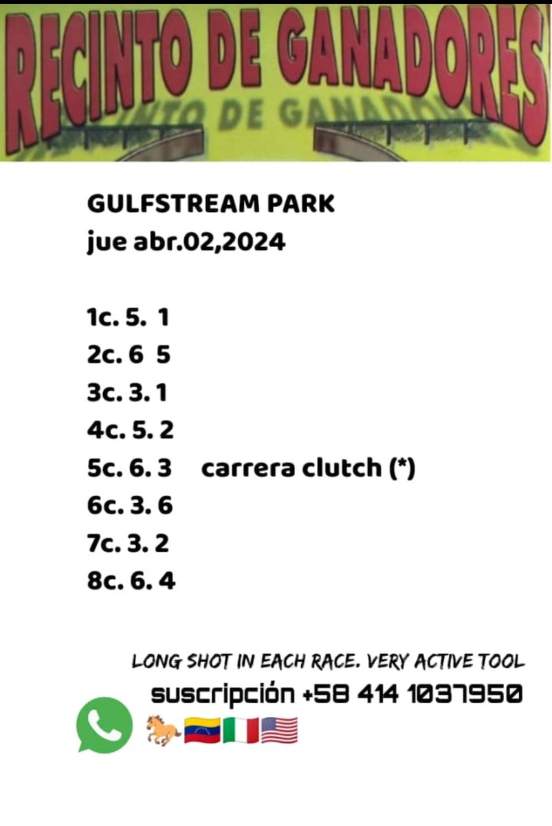 Abrimos las marcas para hoy jueves en 
GULFSTREAM PARK 🇺🇸 
🐎🇻🇪🇮🇹🇺🇸