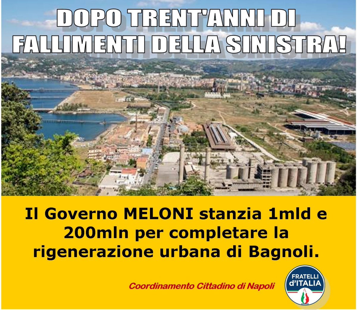 Il #GovernoMeloni mostra grande attenzione per #Napoli e per il Sud. Nel decreto coesione lo stanziamento per completare Bagnoli dopo trent'anni di fallimenti della sinistra.