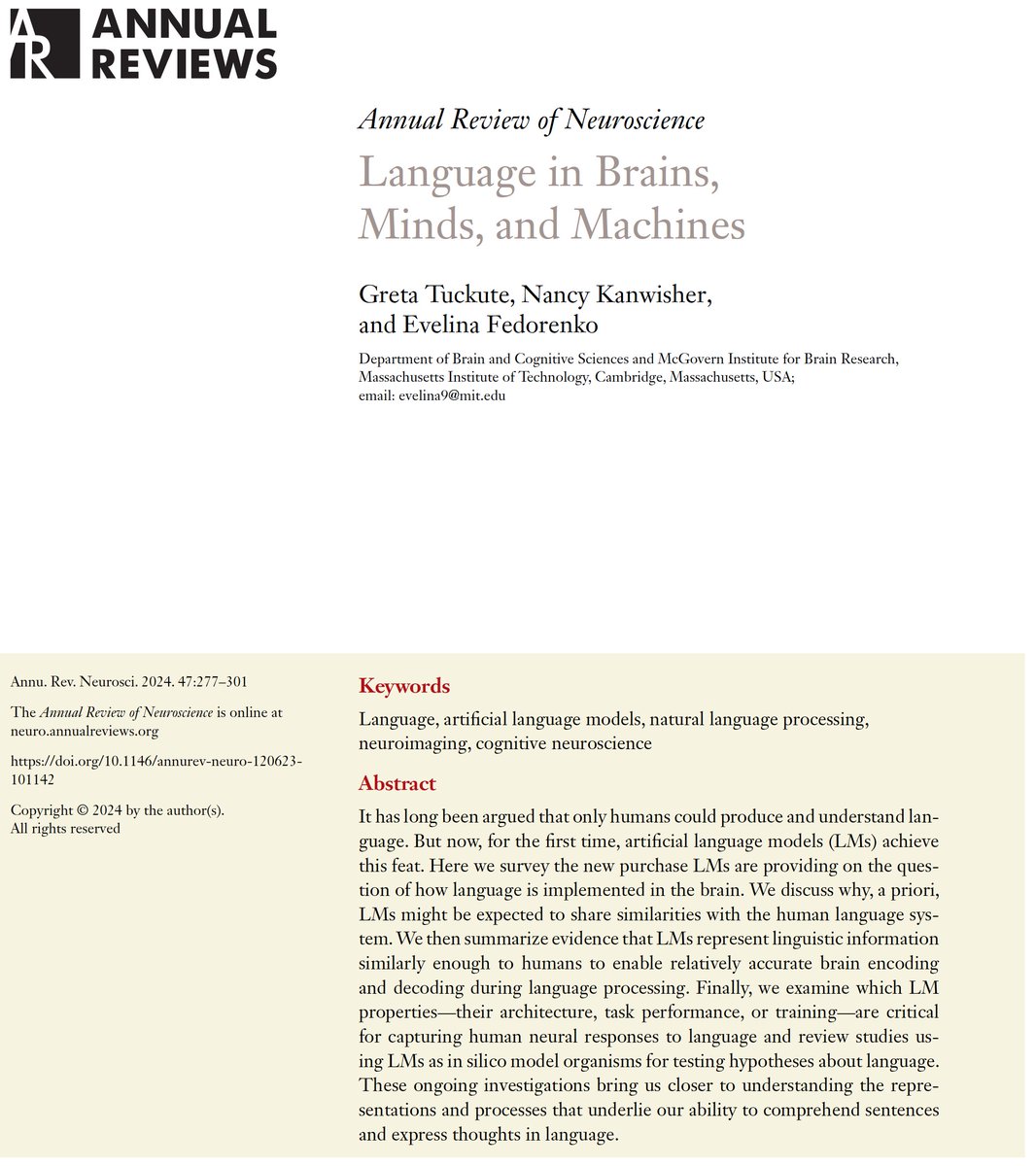 1/ Really excited to share: Language in Brains, Minds, and Machines w @Nancy_Kanwisher @ev_fedorenko @AnnualReviews We survey the insights that language models (LMs) provide on the question of how language is represented and processed in the human brain. rb.gy/8afztv