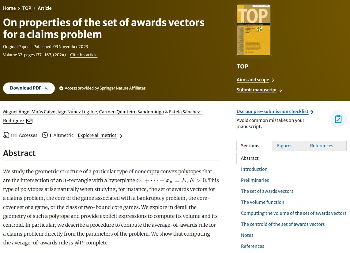 You have free access to this article from TOP via Springer Nature #SharedIt initiative: On properties of the set of awards vectors for a claims problem by Miguel Ángel Mirás Calvo, Estela Sánchez-Rodríguez et al. rdcu.be/dDv0C @antonioayuso @DoloresRomeroM @SEIO_ES