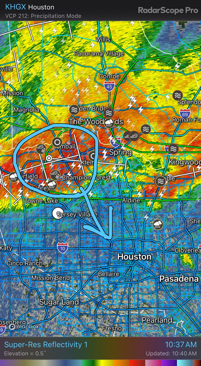 10:40am - This storm over Tomball TX is about to move SE into Jersey Village and then Houston proper with a history of damaging winds. Be ready Houston! There is a very low chance a tornado will spin up, but these straight line winds are dangerous nonetheless. #txwx