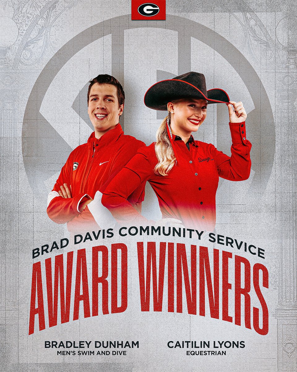 Congratulations to @UGAEquestrian's Caitlin Lyons and @UGASwimDive's Bradley Dunham on being named SEC Brad Davis Community Service Award Winners! Each receive a $5,000 post-graduate scholarship from the SEC and will be nominees for the Male and Female Brad Davis Community…