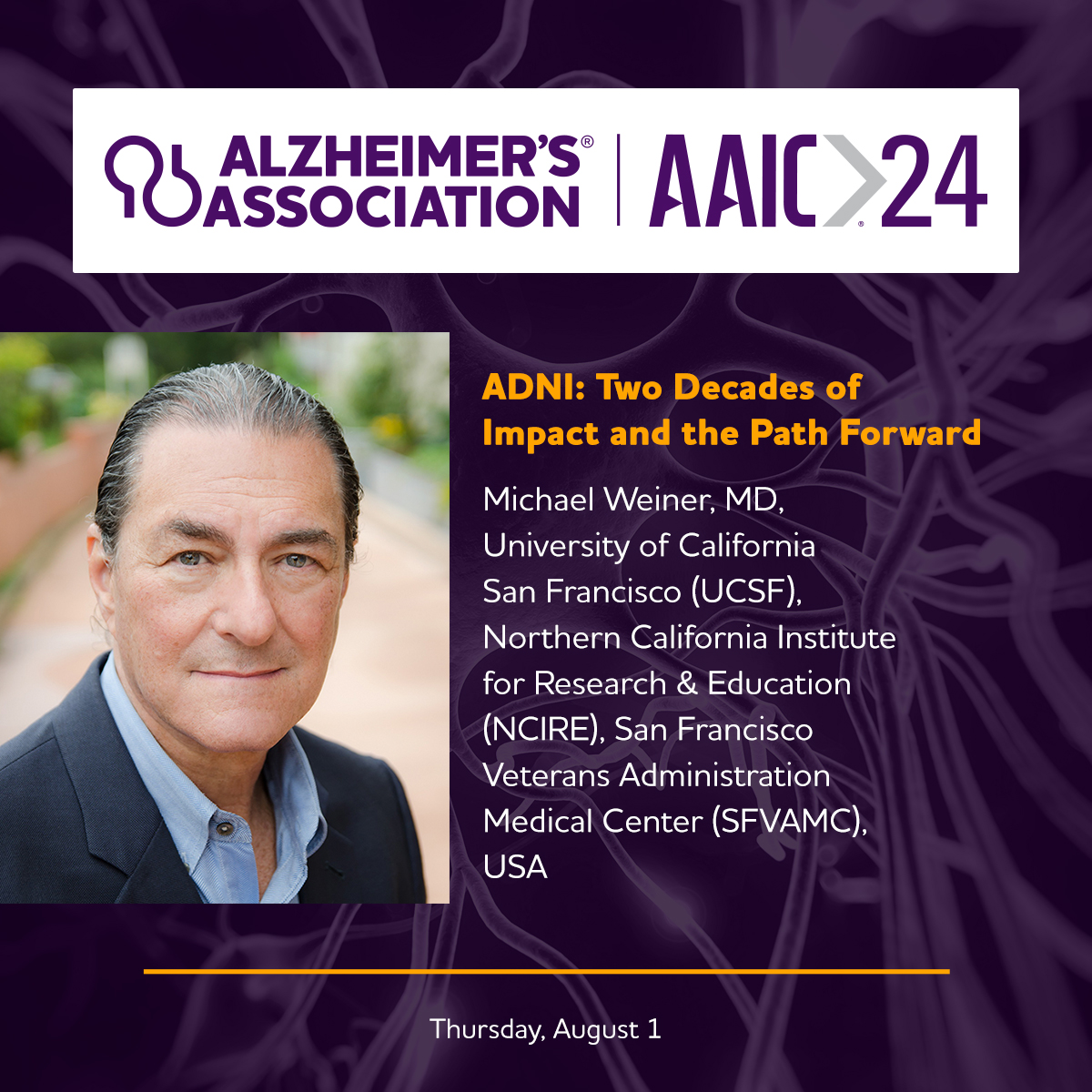 Join Michael Weiner, M.D. (@UCSF, @ncireveterans, @SFVAMC) for his #AAIC24 presentation, “ADNI: Two Decades of Impact and the Path Forward” on Thursday, August 1! Read more about the largest and most influential meeting in dementia science and register: alz.org/aaic24