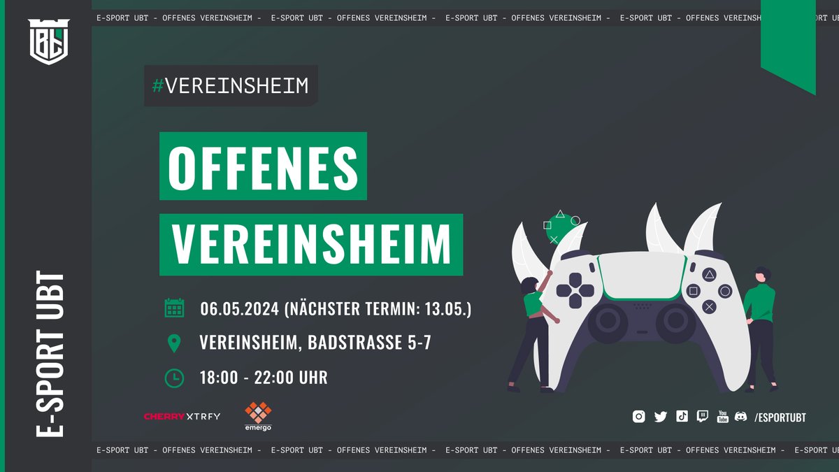 💚 Offenes Vereinsheim 💚
Wir möchten euch herzlich zu unserem Vereinsheimabend einladen! 🎉
Spielt mit uns E-Sport-Spiele, trefft Gleichgesinnte und habt Spaß!
Nutzt die Möglichkeit und lernt den E-Sport UBT e.V. kennen. 🤗
 #esportubt #UnitedBayreuth #ad #unitedwegrow