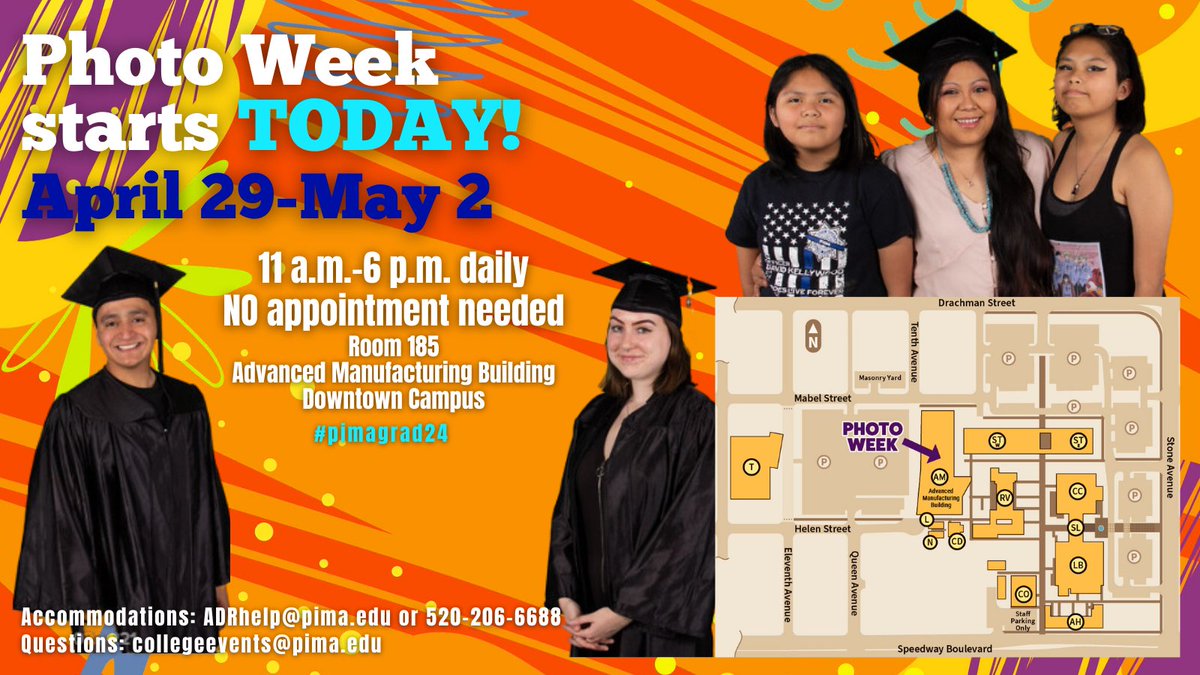 Today is the last day of Photo Week for #pimacommunitycollege #pimagrad24, 11 a.m.-6 p.m. in Advanced Manufacturing Building Room 185 at #PimaDowntown. May 22 is Commencement: pima.edu/commencement @pimastudentlife