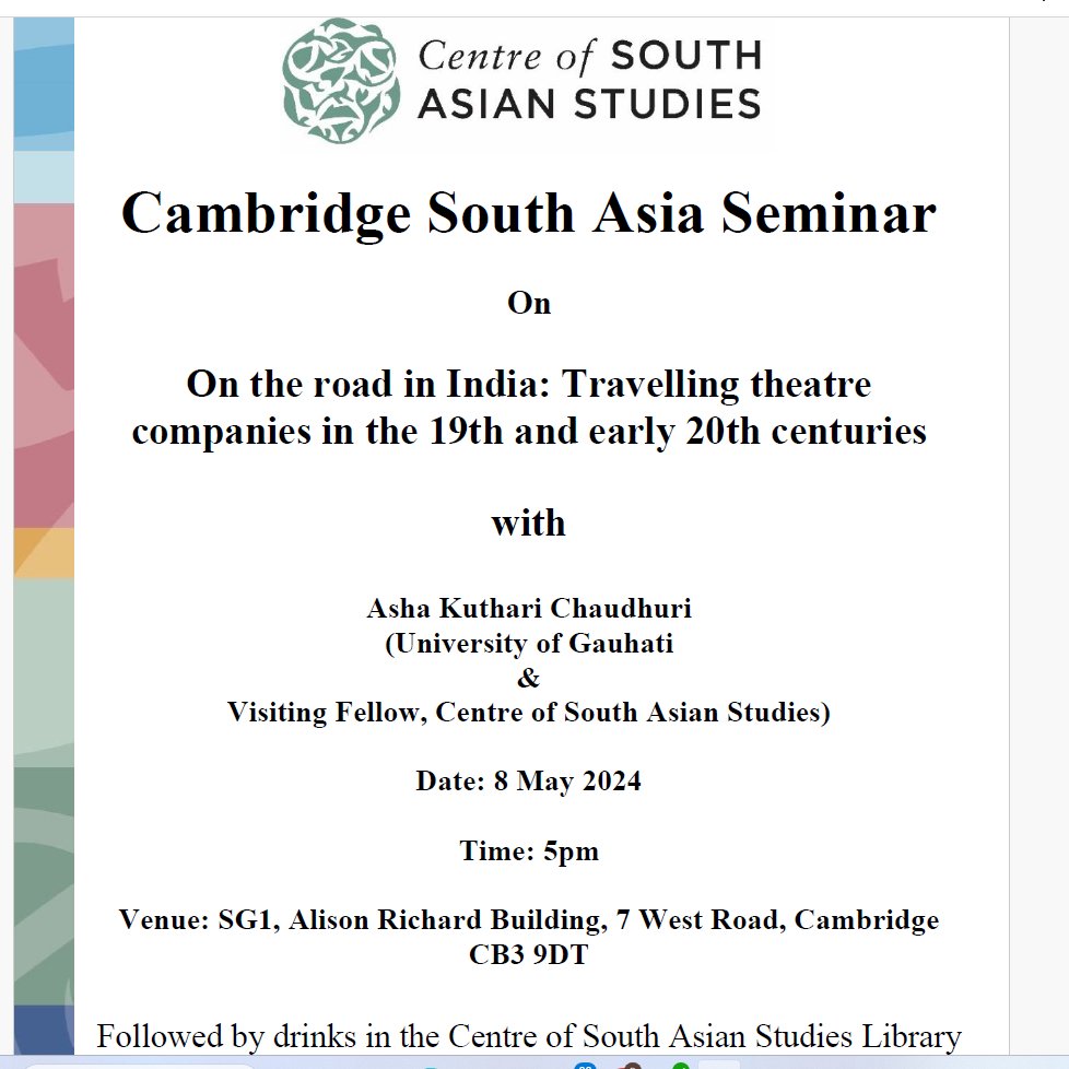 Cambridge South Asia (@csascambridge) on Twitter photo <a href="/CSASCambridge/">Cambridge South Asia</a> Seminar on 8th May: 'On the road in #India: Travelling #theatre companies in the 19th and early 20th centuries' with Asha Kuthari Chaudhuri (Visiting Fellow, CSAS & University of Gauhati), 5pm, SG1, Alison Richard Building & events.teams.microsoft.com/event/25cec05c… <a href="/CSASCambridge/">Cambridge South Asia</a> Seminar on 8th May: 'On the road in #India: Travelling #theatre companies in the 19th and early 20th centuries' with Asha Kuthari Chaudhuri (Visiting Fellow, CSAS & University of Gauhati), 5pm, SG1, Alison Richard Building & events.teams.microsoft.com/event/25cec05c…