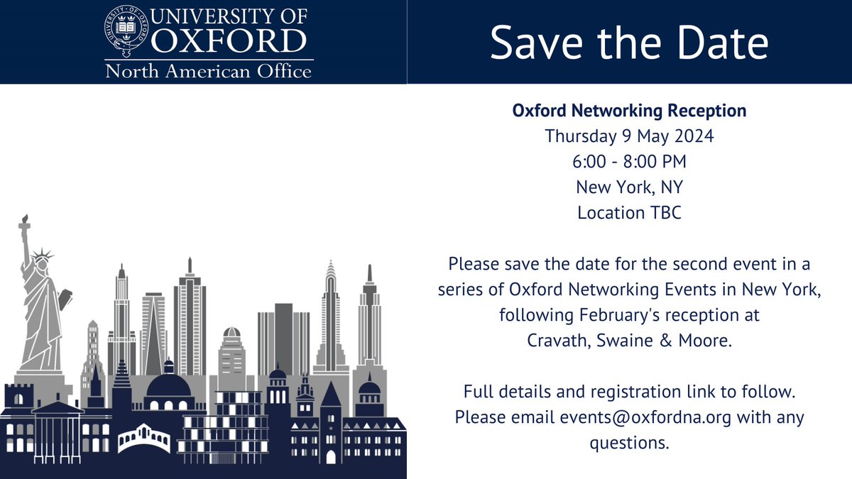 📢 Call out for all our amazing alumni in New York! Register now for the Oxford Networking Reception on Thursday 9 May. Find out more: ➡️ bit.ly/OxNAEvents