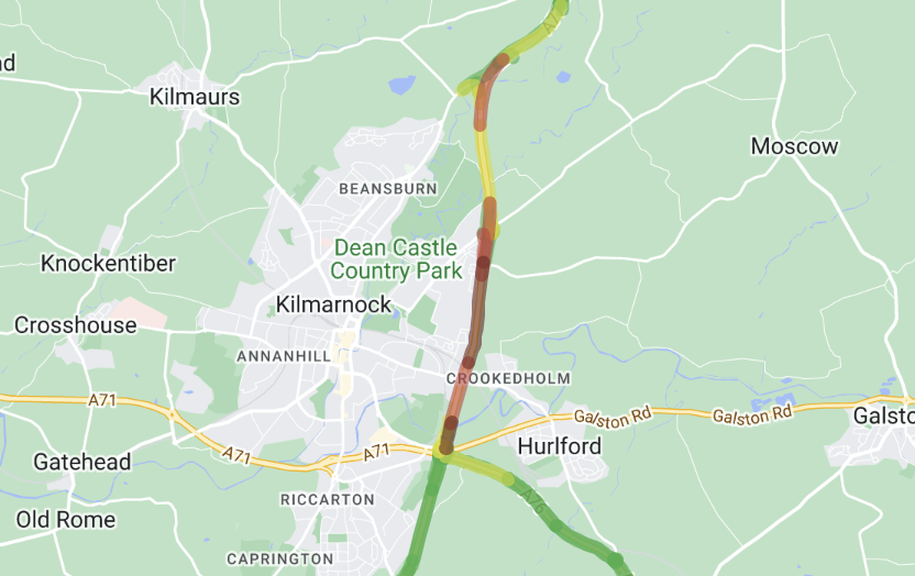 NEW ❗⌚ 16:42 #A77 - Grassyards Interchange ⛔ CLOSED Southbound due to a collision. Reports saying traffic is extremely heavy in the area. Northbound carriageway is OPEN, after it was closed earlier. @SWTrunkRoads