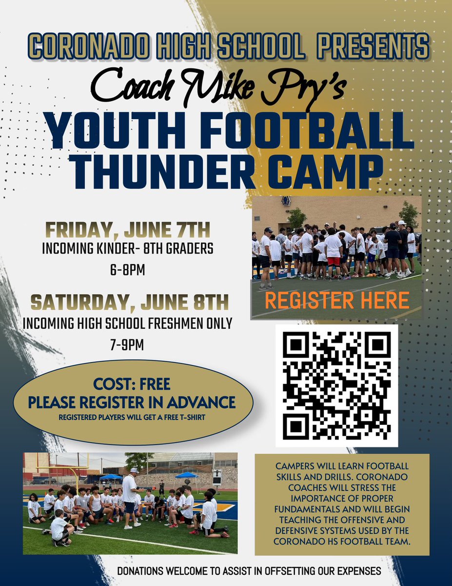 FREE football camp. Please sign up to ensure a T-Shirt.