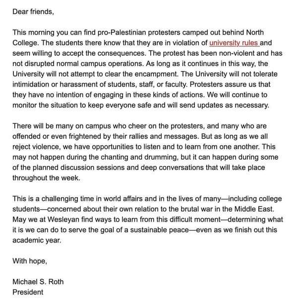 Instead of suspending students and sending in the cops to beat and arrest people at Palestine/Gaza solidarity encampments, more university administrators should follow the lead of Wesleyan president Michael S. Roth.