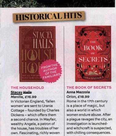 Best Magazine has named THE HOUSEHOLD by @stacey_halls and THE BOOK OF SECRETS by @Anna_Mazz ‘historical hits’.