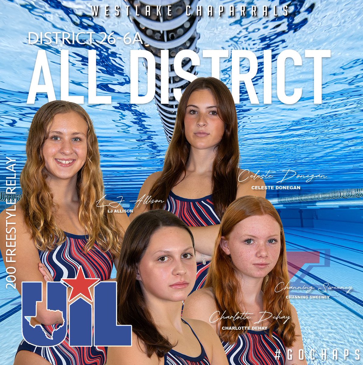 We continue our All-District coverage for Women’s Swimming and Diving by congratulating the 200 Freestyle Relay Team. These four Chaps earned a spot on the 26-6A All-District 1st Team. #GoChaps 200 Freestyle Relay LJ Allison Charlotte Dehay Channing Sweeney Celeste Donegan