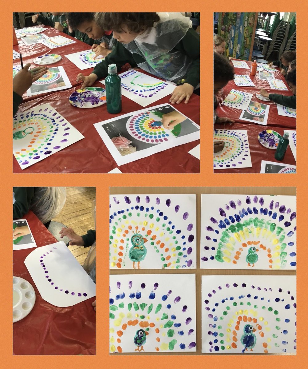 Today in KS1 art club we used lots of different colours to finger paint the beautiful feathers on our peacock 🦚 artwork! #ks1 #schoolart #artclub #funeithart #artforchildren