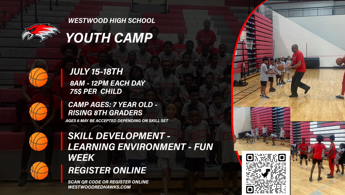 We’re back! Westwood 🏀 Youth Camp 📅 x July 15-18 ⌚️ x 8am to 12 pm each day 📍 x Westwood High School 🗣 x For males ages 7 years old to rising 8th graders. 🖥 x Register online Only 75 slots available. Please make 20$ security deposit to Cashapp: $RedhawkMBB to secure spot