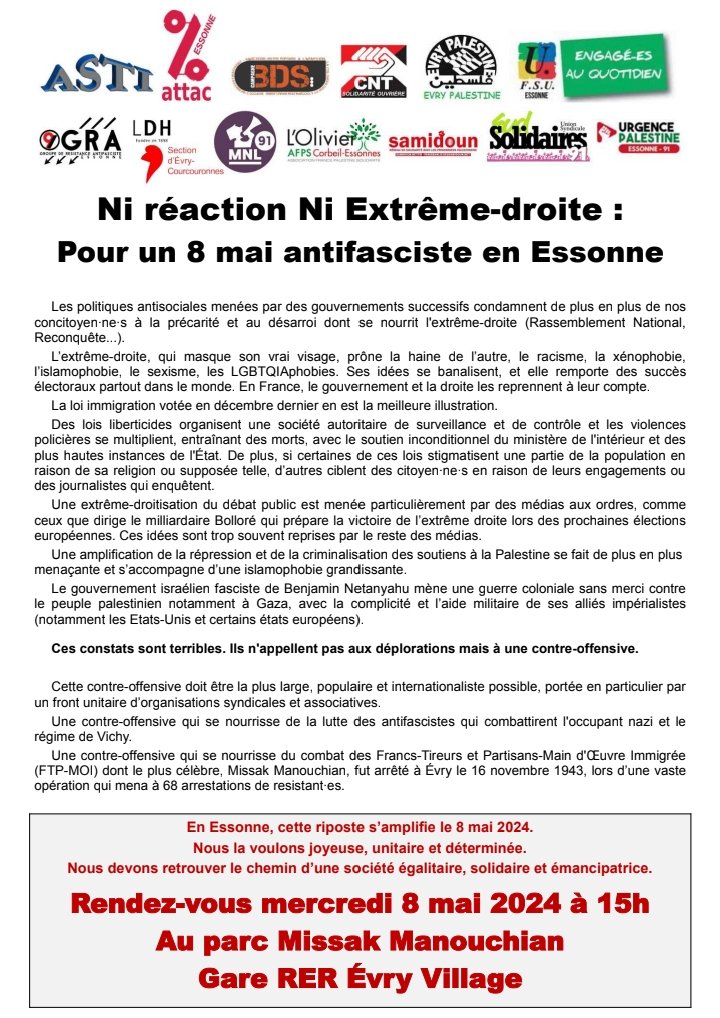✊️ Pour un 8 mai antifasciste!
Rdv Mercredi 8 mai 15h au Parc Missak Manouchian à Evry!
L'antifascisme, c'est l'affaire de tou.te.s!