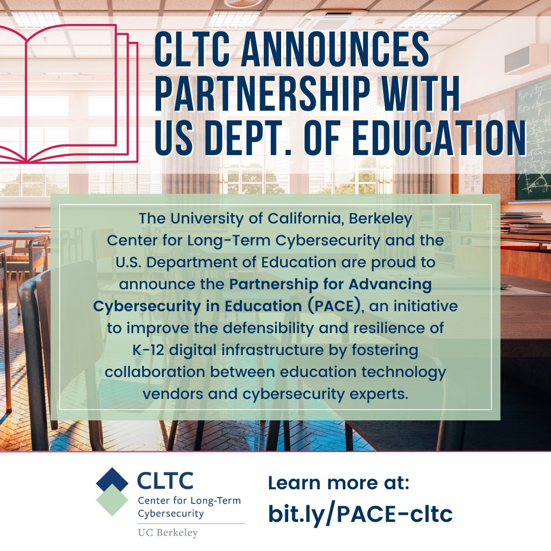 BIG NEWS! CLTC announces partnership w/ the US Dept. of Education focused on securing K-12 Educational Technology! We're proud to join @usedgov on this important project on the cybersecurity of edtech and improving resilience for K-12 schools nationwide. cltc.berkeley.edu/2024/05/02/clt…
