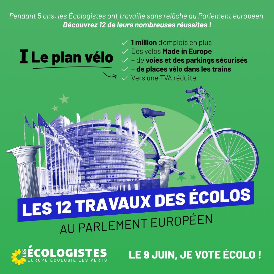 Pendant 5 ans, les eurodéputé•es écologistes ont activement travaillé en faveur d'une Europe verte et durable. Découvrez les #12TravauxÉcolos ! 🇪🇺🔧 1️⃣ Le plan vélo 🚲 ⤵️