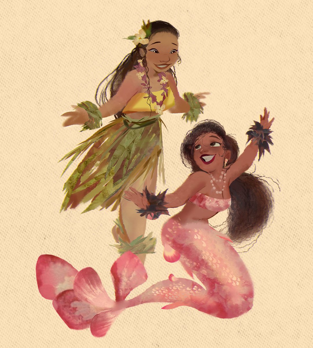 The second day of Mermay 2024 🧜🏻‍♀️
I thought that my little mermaid from the first day met a hula dancing girl on the shore, and decided to join her x.x

#mermay #mermay2024 #hula #huladance #mermaid #illustration #illustrationartists #ArtistOnX #digitalart #digitalpainting