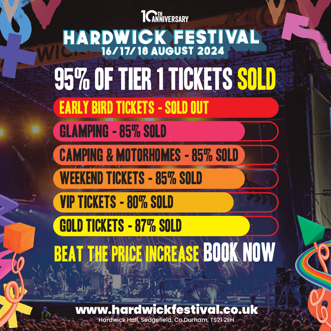 95% of tier 1 tickets are now SOLD OUT!🎟️ Don’t miss out on the 10th anniversary awesomeness at Hardwick Festival 2024. 😎Secure your tickets now from just £19.67 + booking fee and spread the cost over 3 months 👉 bit.ly/HARDWICK2024