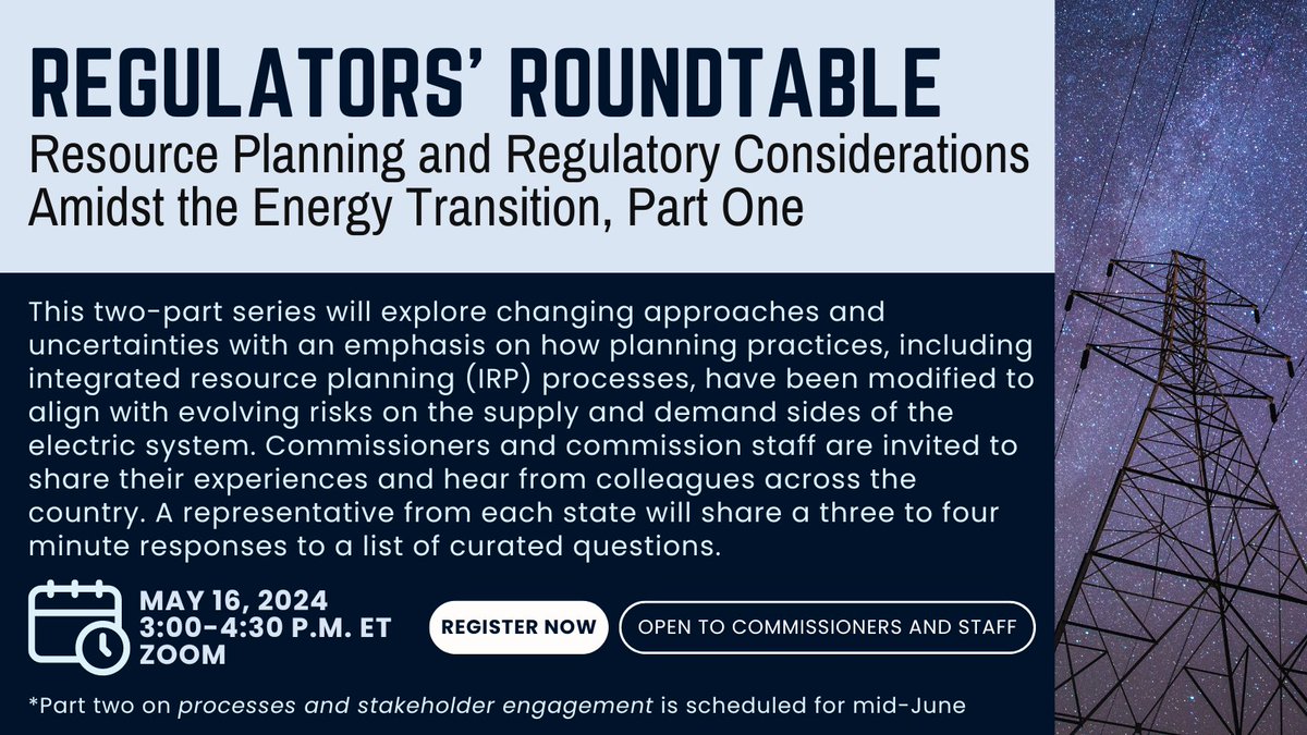 Join part one of a two-part Regulators’ Roundtable series happening May 16 from 3:00-4:30 p.m. ET! This series will explore #ResourcePlanning, #IntegratedResourcePlanning (IRPs) and #regulatory considerations amidst the #EnergyTransition. bit.ly/4dmyB58 #Reliability