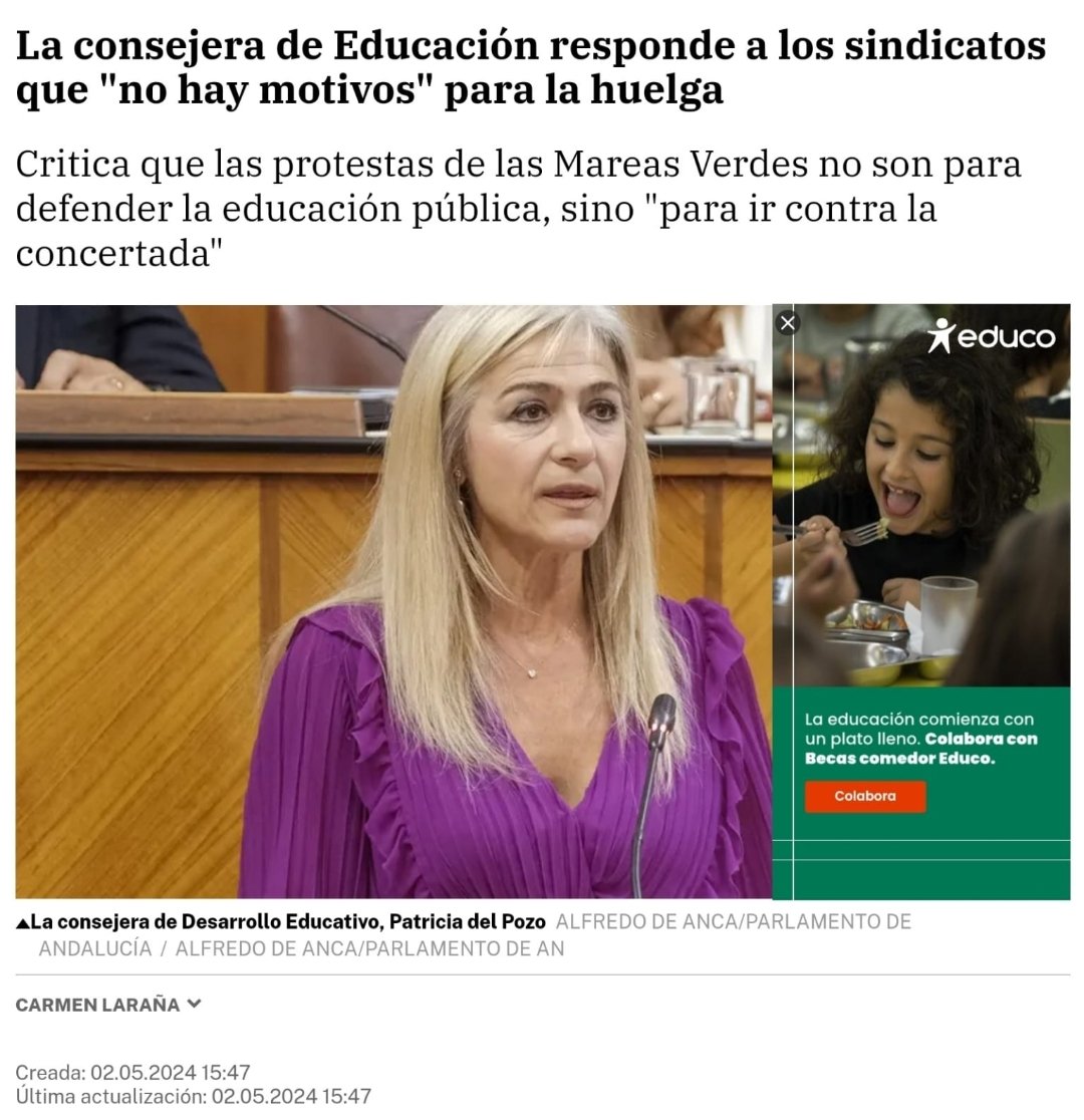 🗣️Dice <a href="/Patricia_Pozo_/">Patricia del Pozo</a> que no hay motivos para la huelga. Lo mismo, le podéis ir dejando alguno por aquí abajo...
Por cierto, consejera, respecto a la Marea Verde, ya va entendiendo algo, pero aún le queda la otra mitad. ¡Ánimo!💚
#LapublicaNOsevende14M
#14MHuelgaEducativa