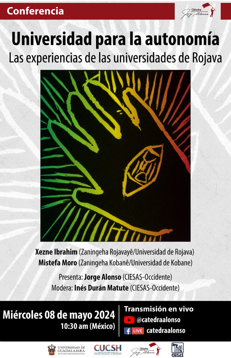 🗣Un evento más dentro de nuestra agenda de este año.
📅 Miércoles, 8 de mayo
🖊 Conferencia: Universidad para la autonomía. Las experiencias de las universidades de Rojava
⏰ 10:30
🎥 🖥🔴Transmisión en vivo a través de nuestras redes