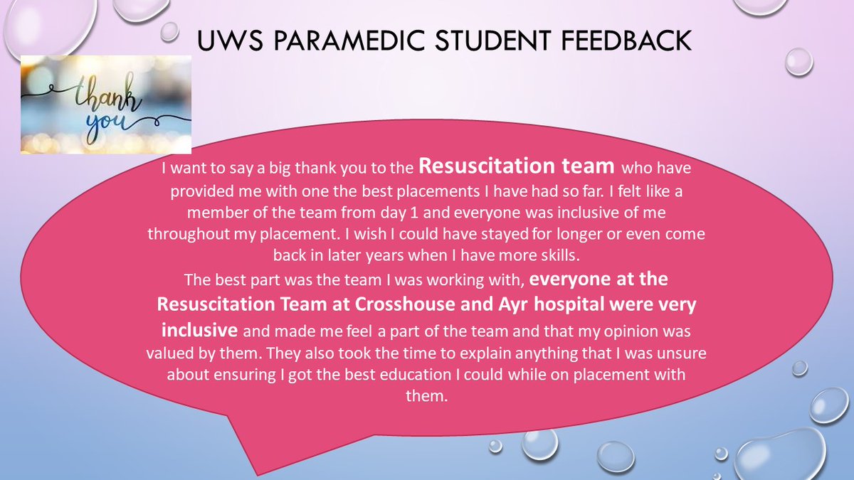 Across our NMAHP workforce we support Cross-sector Paramedic placements for students from @UWSParamedic How amazing is this feedback for our @team_resus Thank you to everyone involved in supporting our #FutureWorkforce & facilitating such fab learning experiences @Kerryahpaa