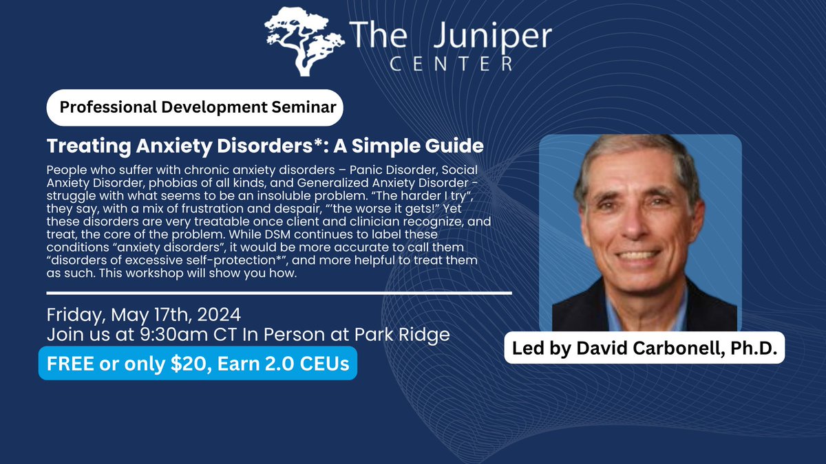 On Friday, May 17th, David Carbonell will be giving an in-person CEU presentation at the Juniper Center Park Ridge office discussing anxiety disorders and the best way to treat them.  thejunipercenter.com/university/ #mentalhealth #professionaldevelopment #anxietydisorders