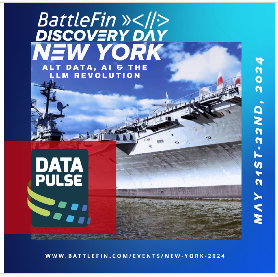 datapulse_'s tweet image. Look forward to participating in @BattleFinData      Discovery Day New York May 21-22nd. Showcasing our latest offerings &amp;amp; coverage updates. Schedule 1-1 meetings to learn more about our datasets and meet the team. In the meantime, check out our profile on BattleFin’s Ensemble.