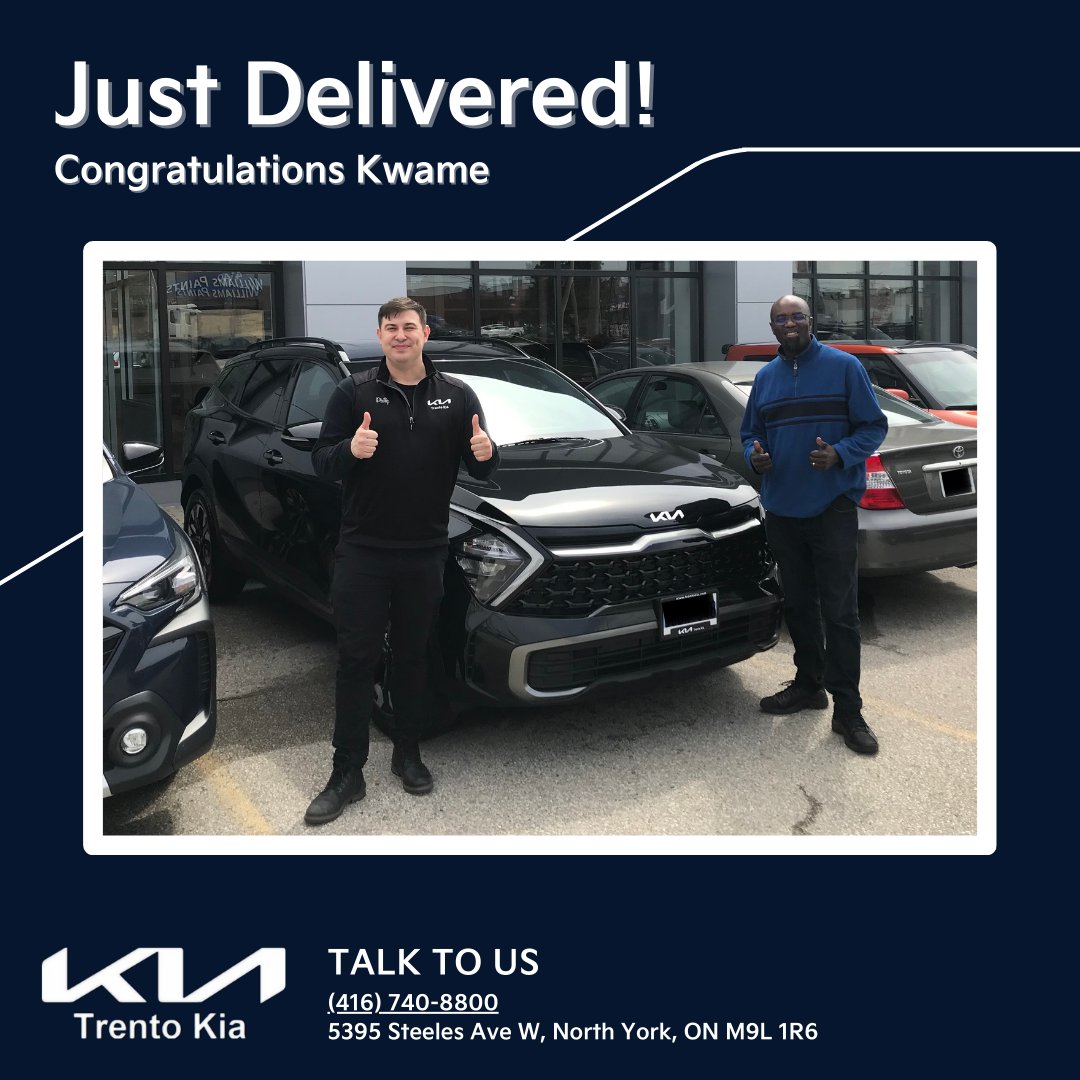 🎉 Congratulations to Kwame on his acquisition of the 2024 Kia Sportage X-Line AWD!
#Kia #KiaCanada #기아캐나다 #NewCar #KiaSportage #KiaSportage2024 #KiaSportageXLine #FusionBlack #기아스포티지 #토론토기아딜러샵 #torontokiadealership #TrentoKia #BookATestDrive #VisitUsToday