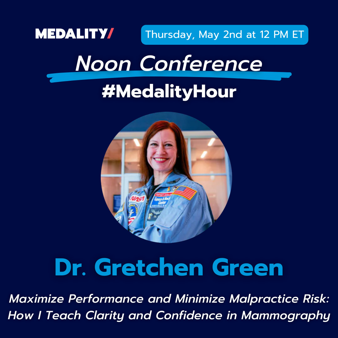Join us live now with Dr. Gretchen Green! bit.ly/3Wpuj73 Maximize Performance and Minimize Malpractice Risk - 'How I Teach Clarity and Confidence in Mammography' #MedalityHour #noonconference #radiology #MedicalImaging #mammography #malpractice #breast