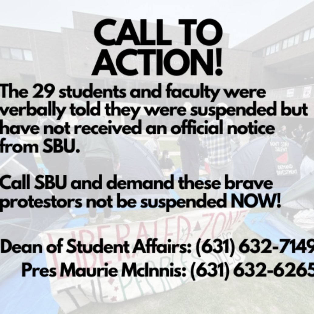 At Stony Brook at least a hundred officers from the local county, state troopers AND campus police forcefully arrested 29 student, faculty & community members. Students and faculty were suspended. Phones confiscated by police. Students not allowed to return to their dorms. SHARE!