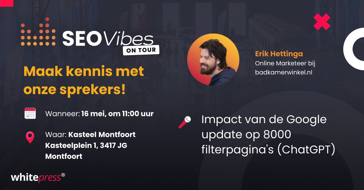 🌟 𝐎𝐧𝐭𝐦𝐨𝐞𝐭 de 𝐬𝐩𝐫𝐞𝐤𝐞𝐫𝐬 𝐨𝐩 𝐒𝐄𝐎 𝐕𝐢𝐛𝐞𝐬 𝐨𝐧 𝐓𝐨𝐮𝐫 - 𝐔𝐭𝐫𝐞𝐜𝐡𝐭, 16 𝐌𝐞𝐢 🌟

👉 Registreer nu om erbij te zijn en te leren van mij en andere topexperts in het veld: wp2go.net/txtu

#SEOVibesOnTour #SEO #DigitalMarketing #WhitePress #Utrecht