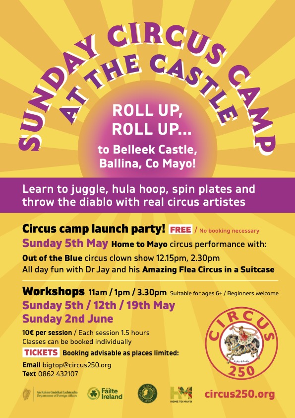 Roll up! Roll up to Belleek Castle this summer! Learn to juggle, hula hoop, spin plates and throw the diablo with real circus artistes at our Sunday Circus Camp at the Castle, in partnership with Home to Mayo. More info on our website!
#SundayCircusCamp #BelleekCastle #circus250