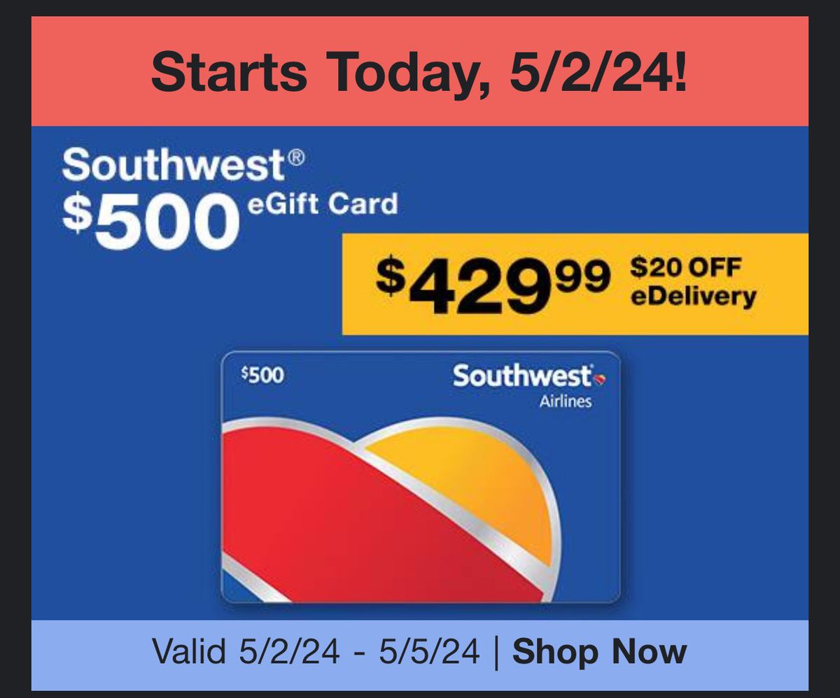 Do you travel a lot?  Do you fly southwest?  Run to Costco and get a $500 gift card for $429.99