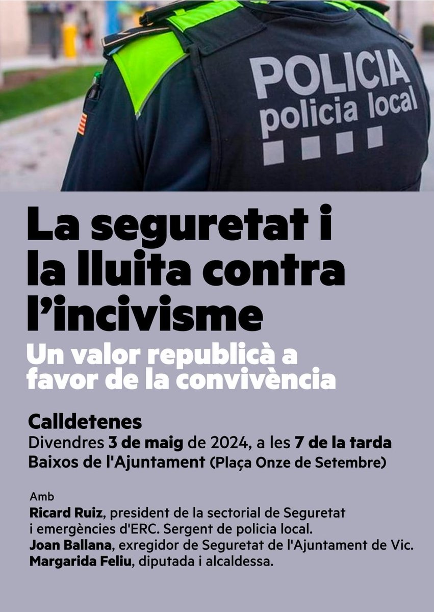 Demà, a les 19h, als baixos de l'@ajcalldetenes, parlarem de seguretat i com combatre l'incivisme. Vine i digues la teva! 

@margaridafeliu 
@ERCOsona