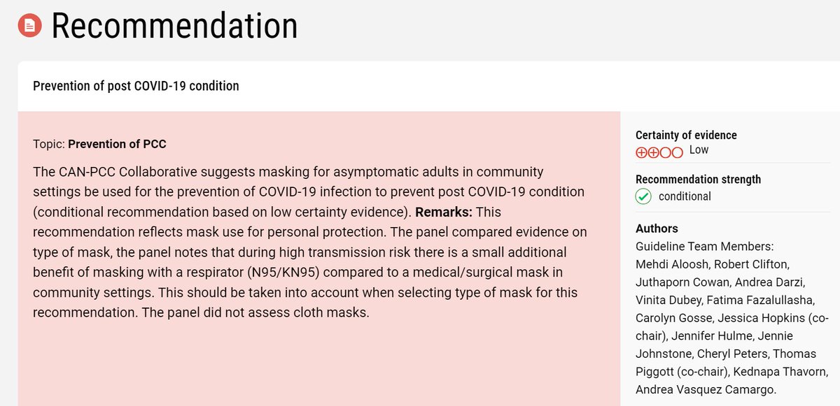 The first @CochraneCanada CAN-PCC Prevention Guideline recommendation is out: *We suggest masking for asymptomatic adults in community settings be used for the prevention of COVID-19 infection to prevent COVID-19 condition.* (Cond Rec, Low Cert Evidence)