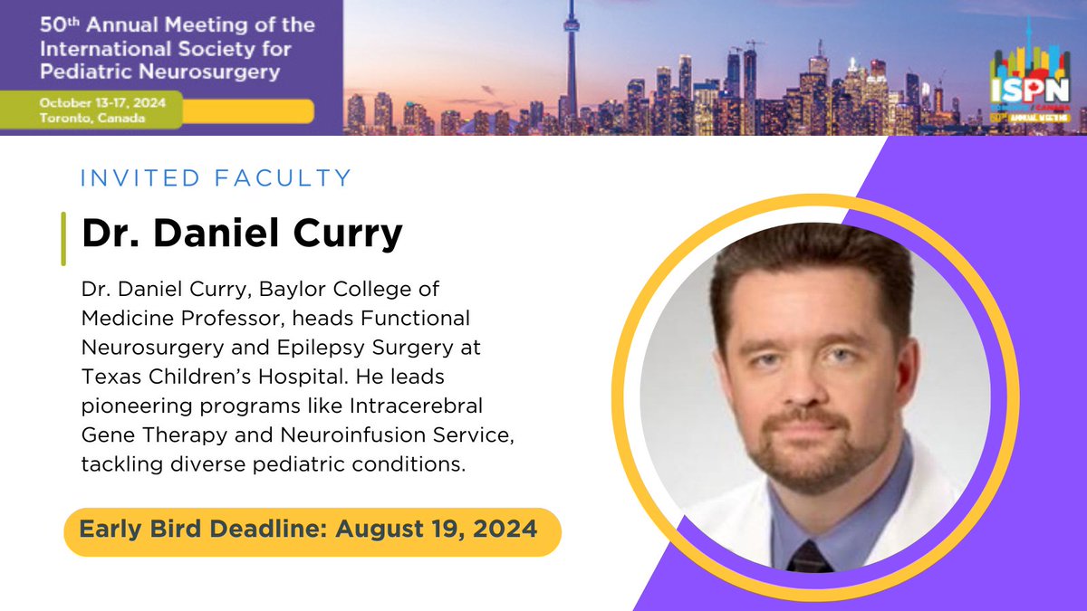 Excited to announce Dr. Daniel Curry as a key speaker at #ISPN2024! 🎉 Join us as he shares insights and expertise in pediatric neurosurgery, pushing boundaries in treatment and research. Don't miss this chance to learn from a leader in the field! bit.ly/3x4t3LZ