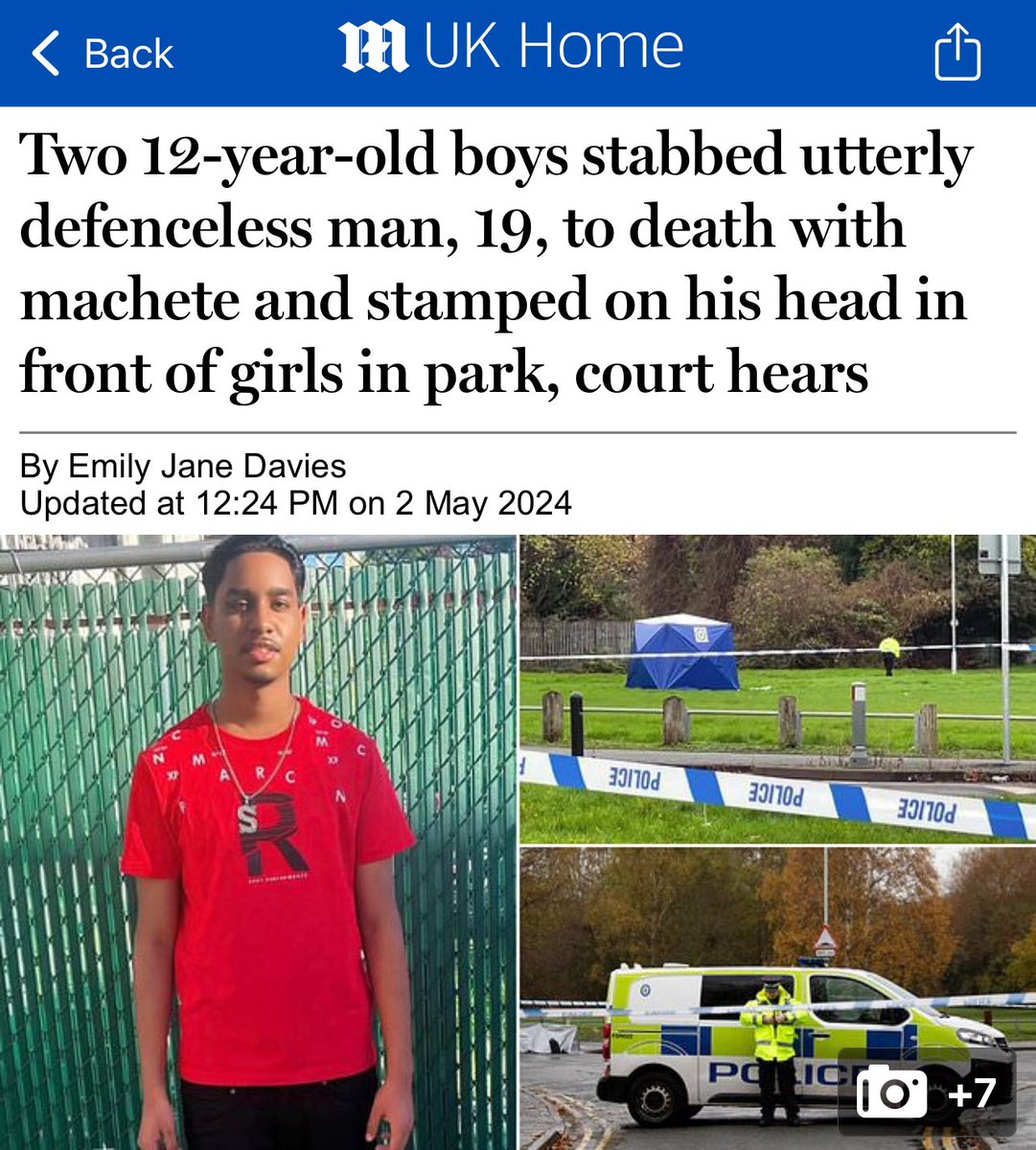 UK - Two 12 year old boys slashed a 19 year old man to death with a machete. Don’t talk to me about youth clubs and outreach! We need sentences that don’t excuse criminals. I don’t care what age they are.