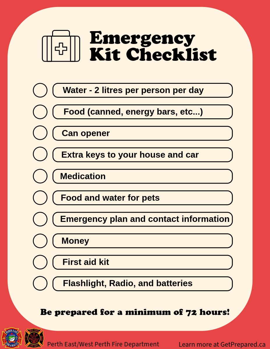 During any emergency you may have to leave your house suddenly or you may have to shelter in place. 🏘️🏘️🏘️ Ensure you are prepared by having a kit of essential supplies ready for your family that you can access quickly! 📝 @pertheast @WestPerthON @PerthSouthTwp