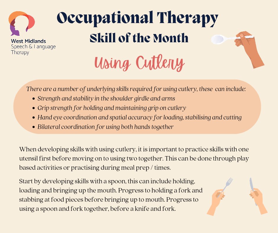 Our Occupational Therapy Skill of the Month is Cutlery Skills 🍴

This everyday task involves so many motor and physical skills. Check out this key advice ⬇️⬇️

Keep an eye on this page for more tips and ideas for aiding cutlery skills! 

#sbot #ot #occupationaltherapy #selfcare