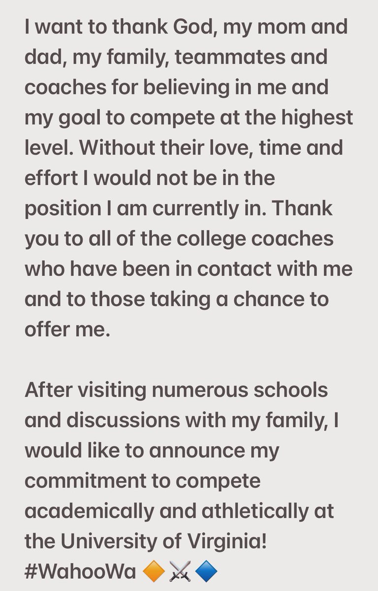 I am grateful, humble and blessed to commit and compete <a href="/UVAFootball/">Virginia Football</a>! 🔶⚔️🔷 <a href="/Coach_TElliott/">Tony Elliott</a> <a href="/coachdeskitch/">Desmond Kitchings</a> <a href="/CoachT_Lamb/">Taylor Lamb</a> <a href="/davidmh__/">David Hernandez</a> <a href="/jsperos/">Justin Speros</a> <a href="/CarinaH_FB/">Carina Hargreaves</a> <a href="/CoachBWolfe/">Blanda Wolfe</a> <a href="/CoachChrisSlade/">Chris Slade</a> <a href="/Coach_TerryHeff/">Terry Heffernan</a> <a href="/Diggs_UVA/">Carson Diggs</a> <a href="/TylerElrodUVA/">Tyler Elrod</a> #GoHoos #WahooWa #1MOORE <a href="/HornetFB_1MOORE/">BMC Football</a>